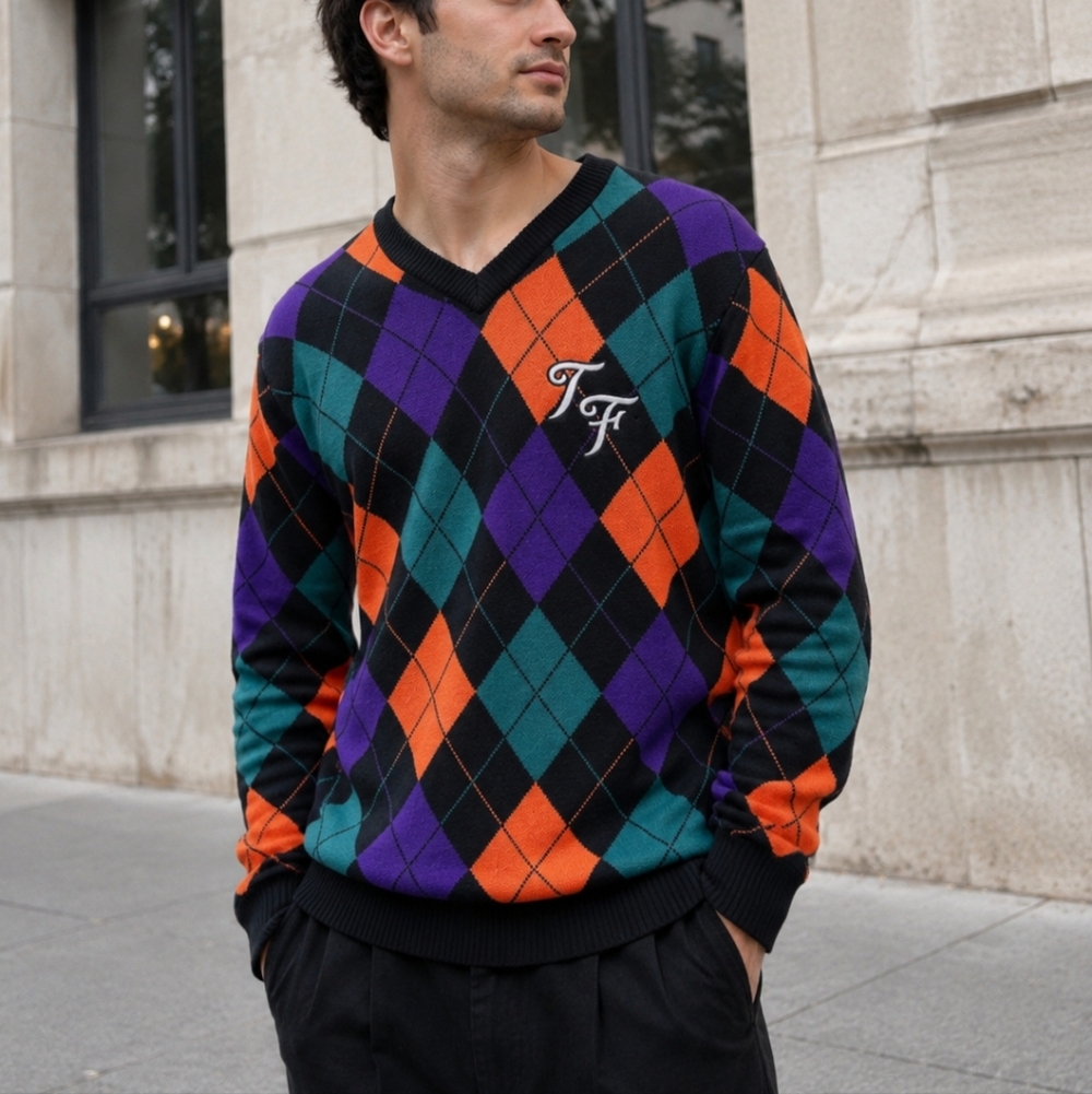 Teddy Fresh Argyle Knit Sweater Size M Multicolor V-Neck Streetwear Pullover
